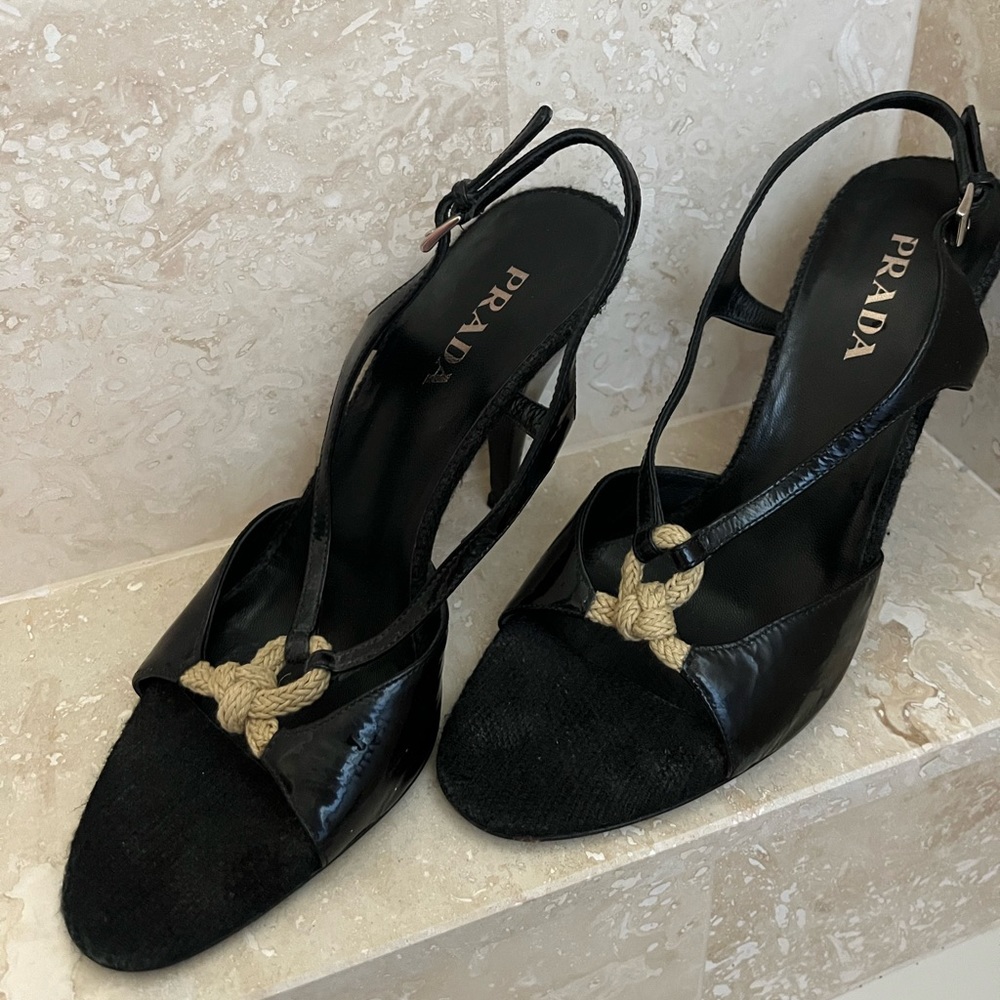 Prada Black Leather Pump Heel Sandals with Rope Detail size 38
